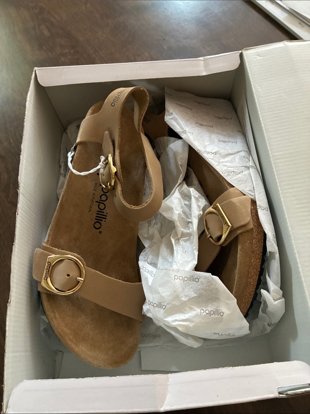 Papillio by Birkenstock Tan/Brown Slingback Sandals with Gold Buckles